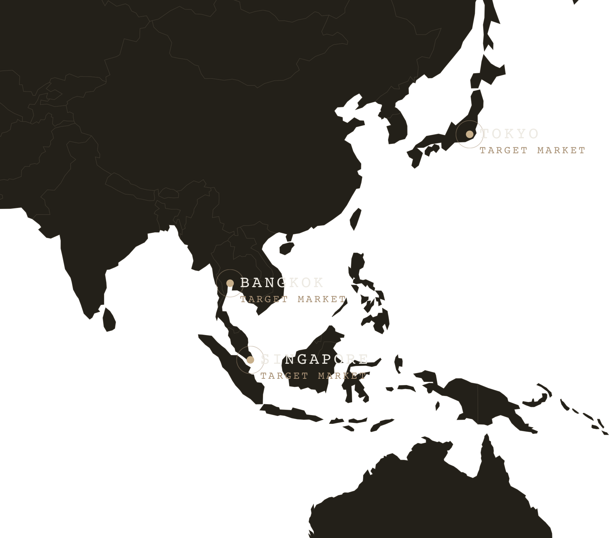 Map of Asia showing Bangkok, Tokyo and Singapore as target markets